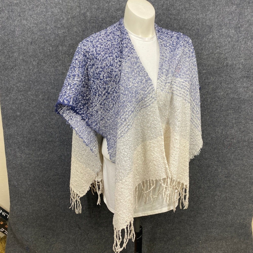 Blue Ombre Fringed Knit Wrap Shawl Open Front Poncho One Size